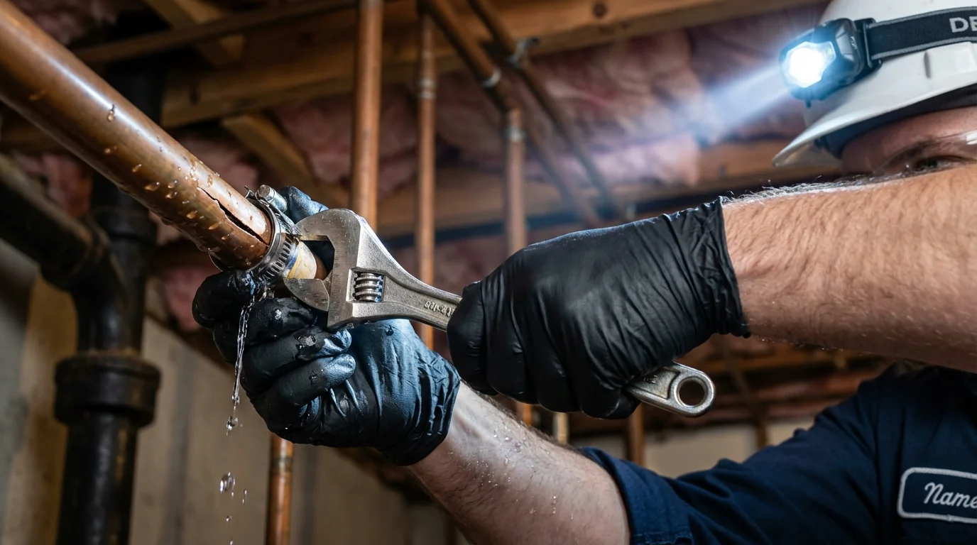 Emergency pipe clamp repair being performed by a Johns Plumbing LLC plumber in Cedar City