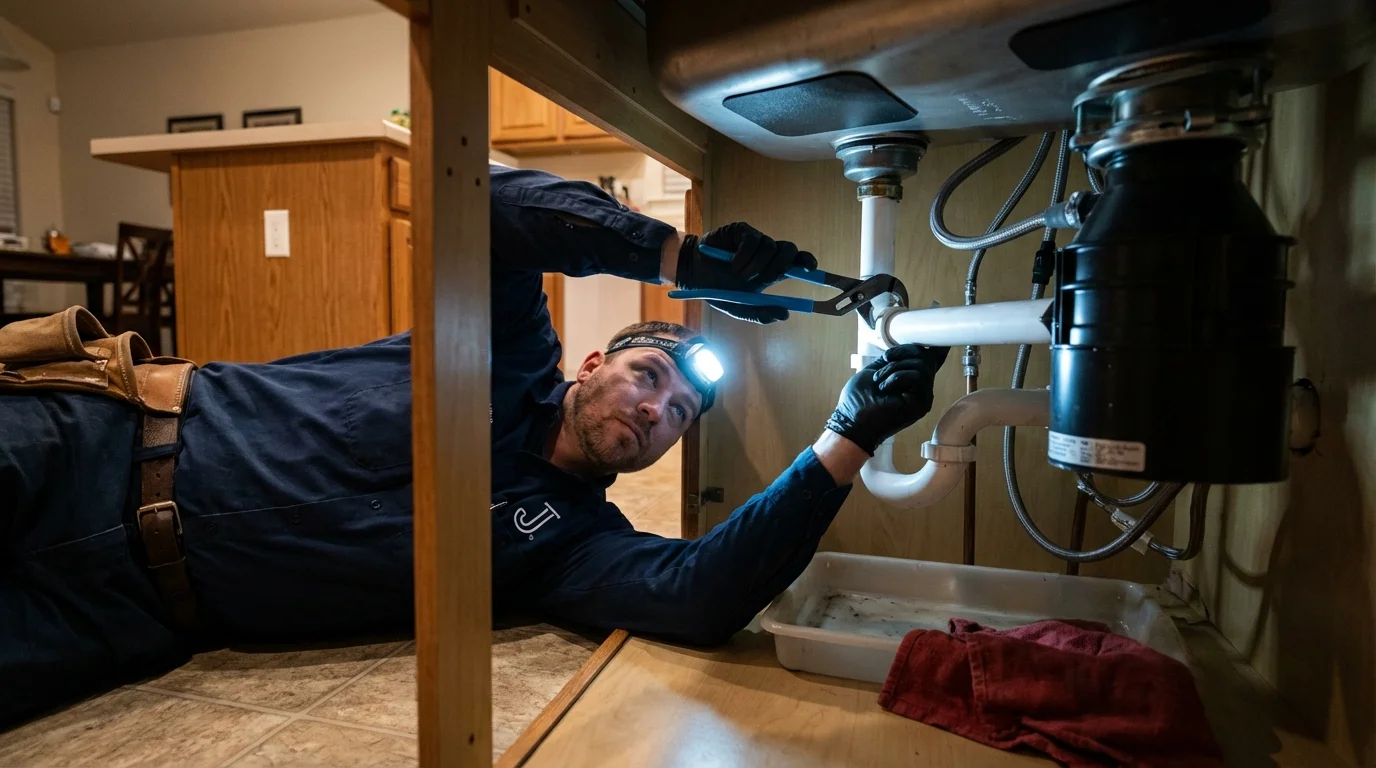 P-trap and supply line connections under a kitchen sink showing a common leak point in Cedar City, UT